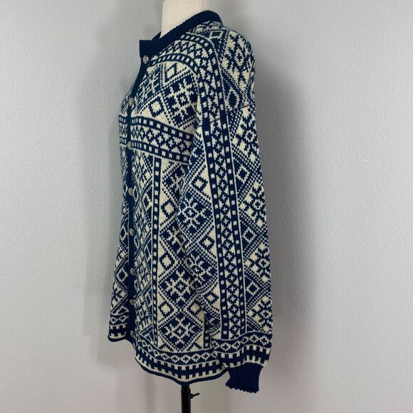Norwegian Winter Wool Cardigan Sweater XL 52 Blue White Metal Buttons Fair Isle - Picture 7 of 12